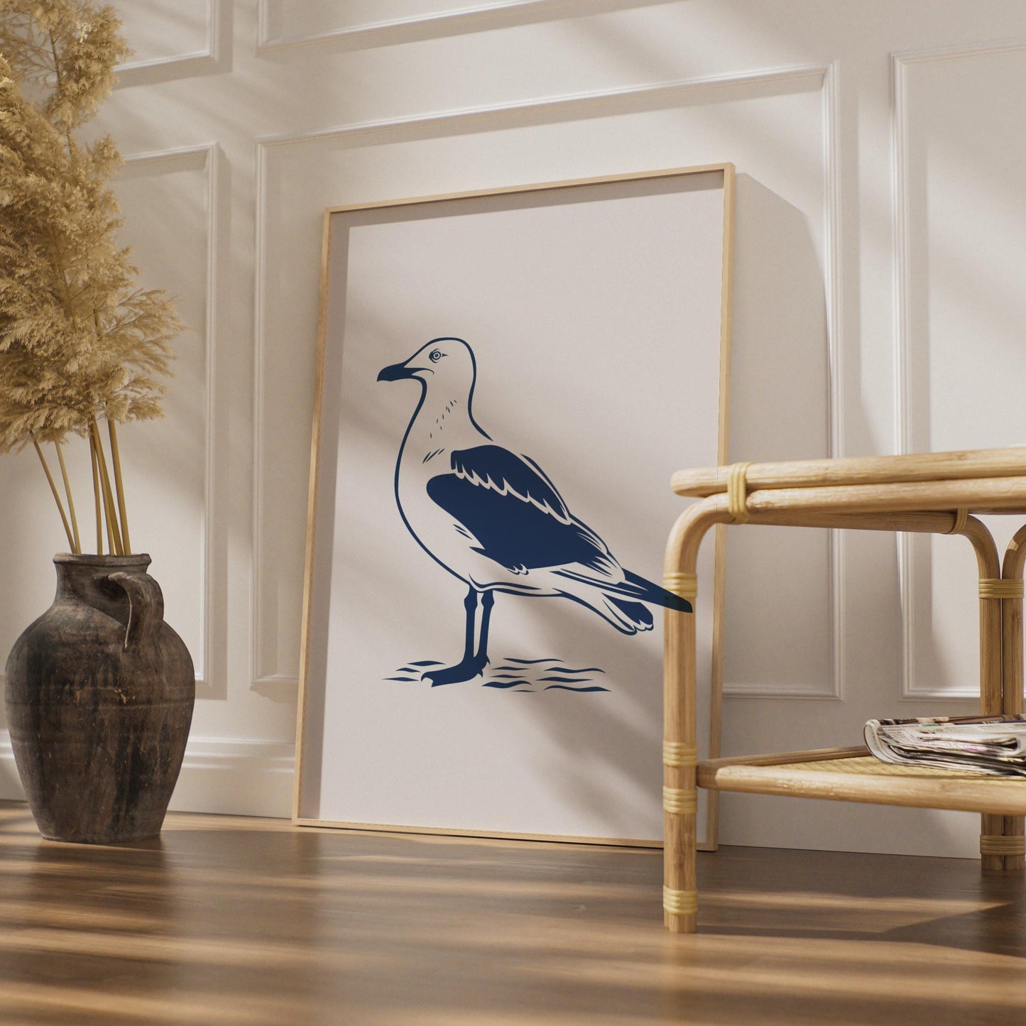 Seagull Poster, Navy Blue Bird Print, Coastal Wall Art, Minimalist Seabird Decor wall art print