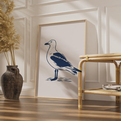 Seagull Poster, Navy Blue Bird Print, Coastal Wall Art, Minimalist Seabird Decor wall art print