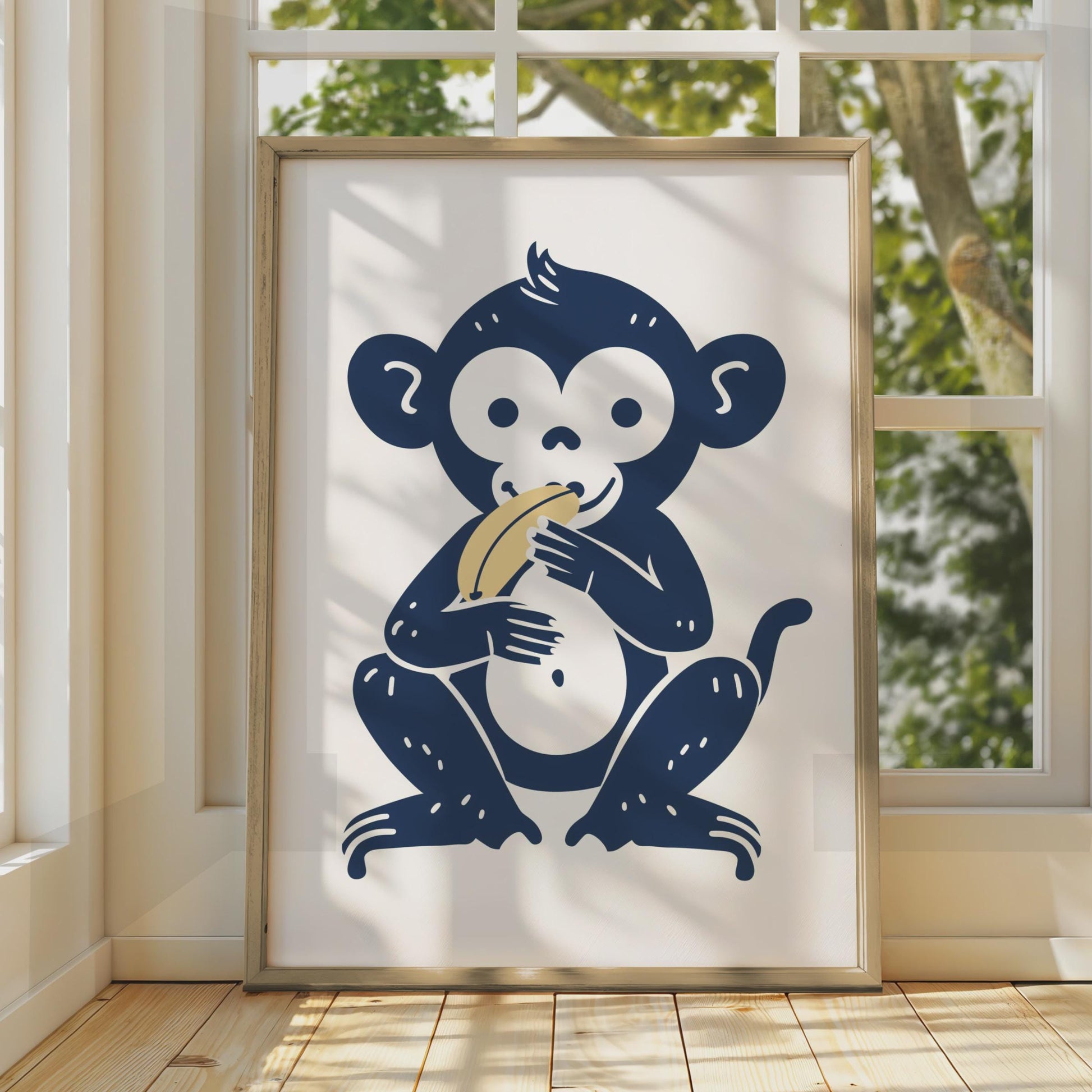 Monkey Eating Banana Poster, Navy Blue Animal Art wall art print