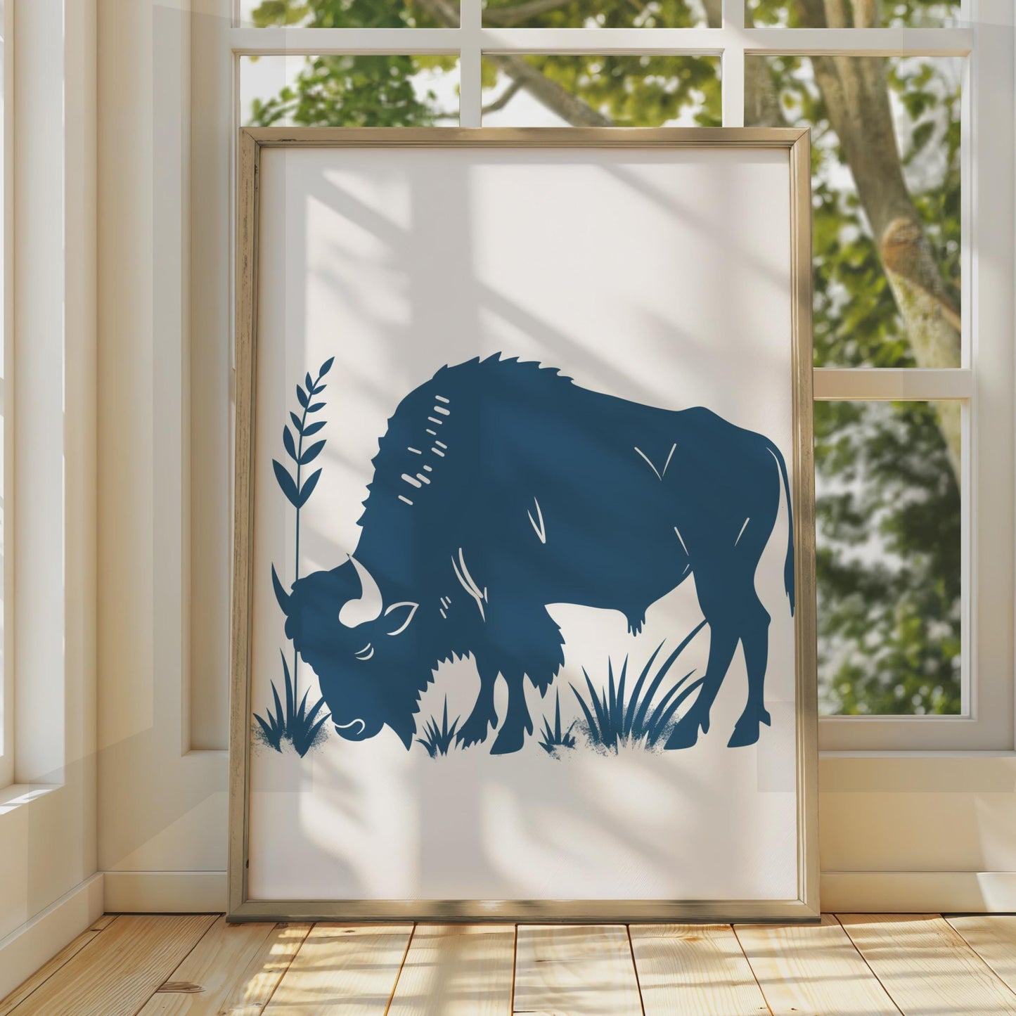 Bison Animal Poster, Navy Blue Buffalo Print, Minimalist Wildlife Wall Art, Nature Decor wall art print