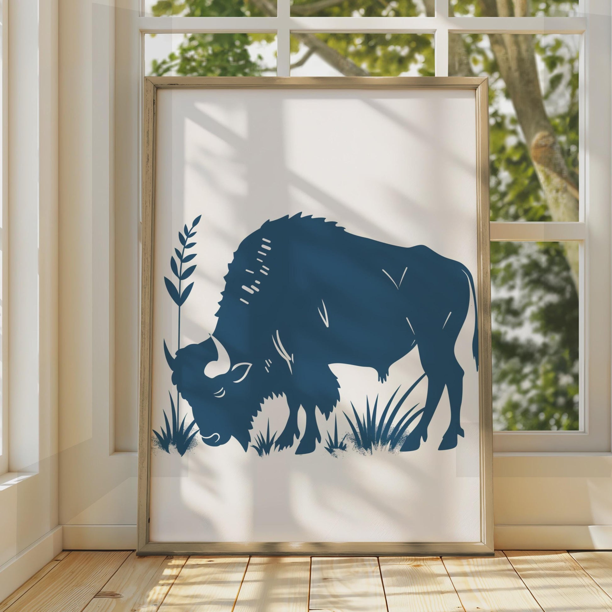 Bison Animal Poster, Navy Blue Buffalo Print, Minimalist Wildlife Wall Art, Nature Decor wall art print