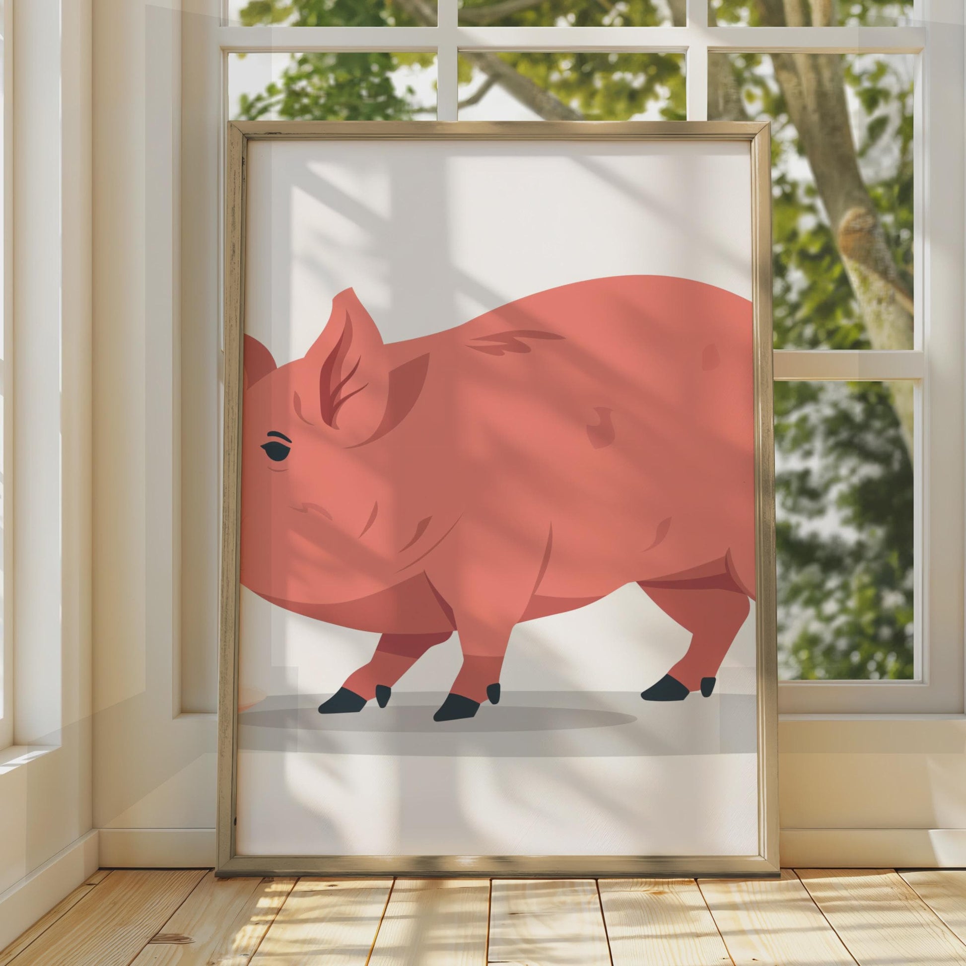 Pink Pig Vector Art Print, Farm Animal Nursery Decor wall art print