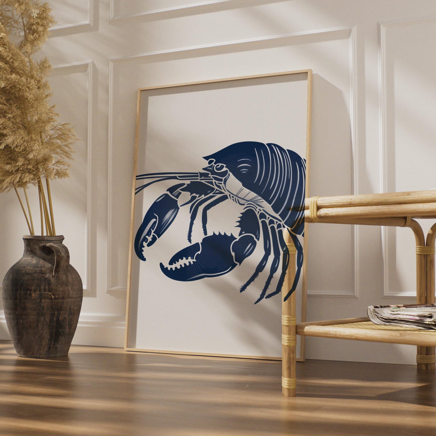 Navy Blue Lobster Illustration Print, Nautical Coastal Animal Wall Art wall art print