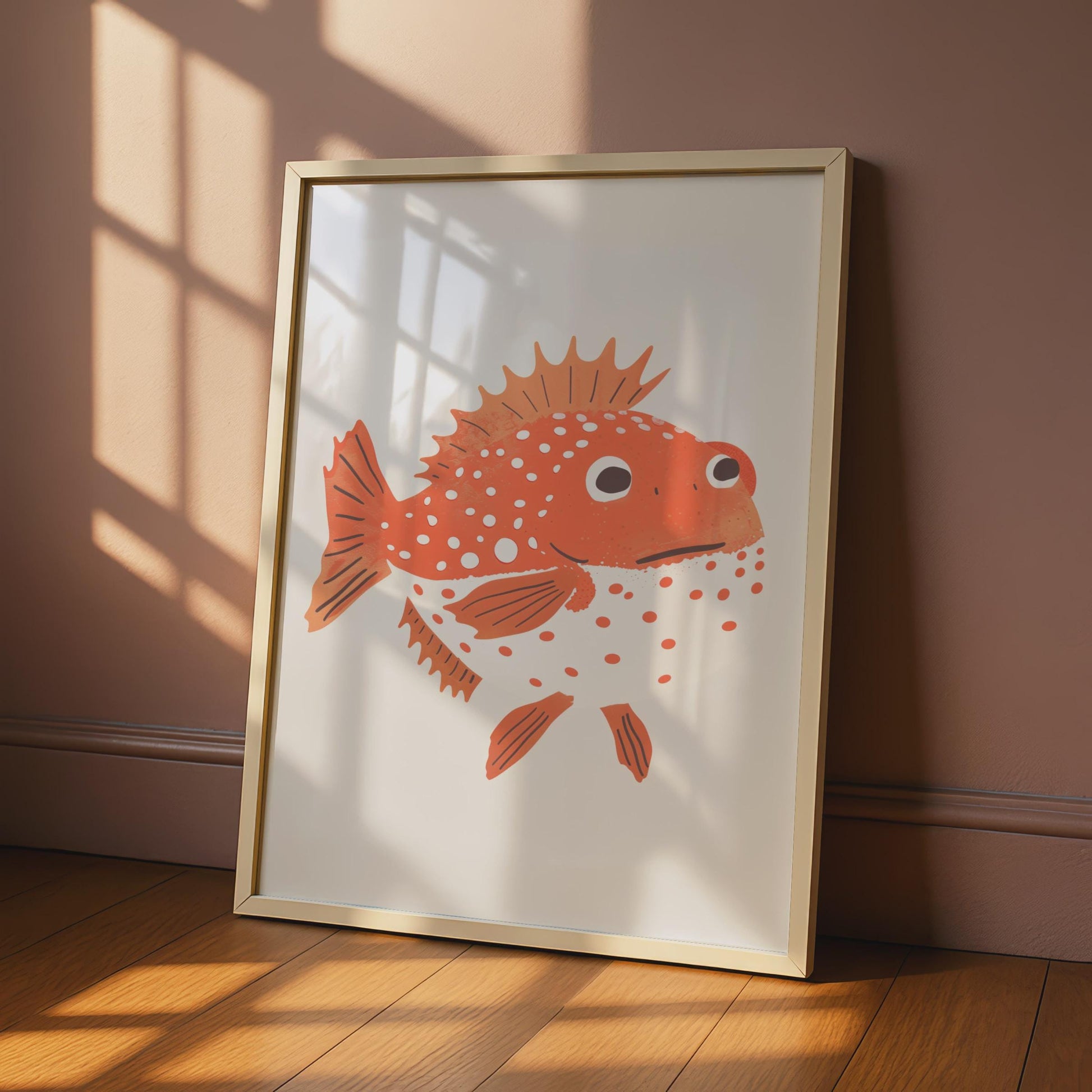 Spiky Orange Fish Print, Quirky Sea Creature Wall Art, Kids Room Decor wall art print