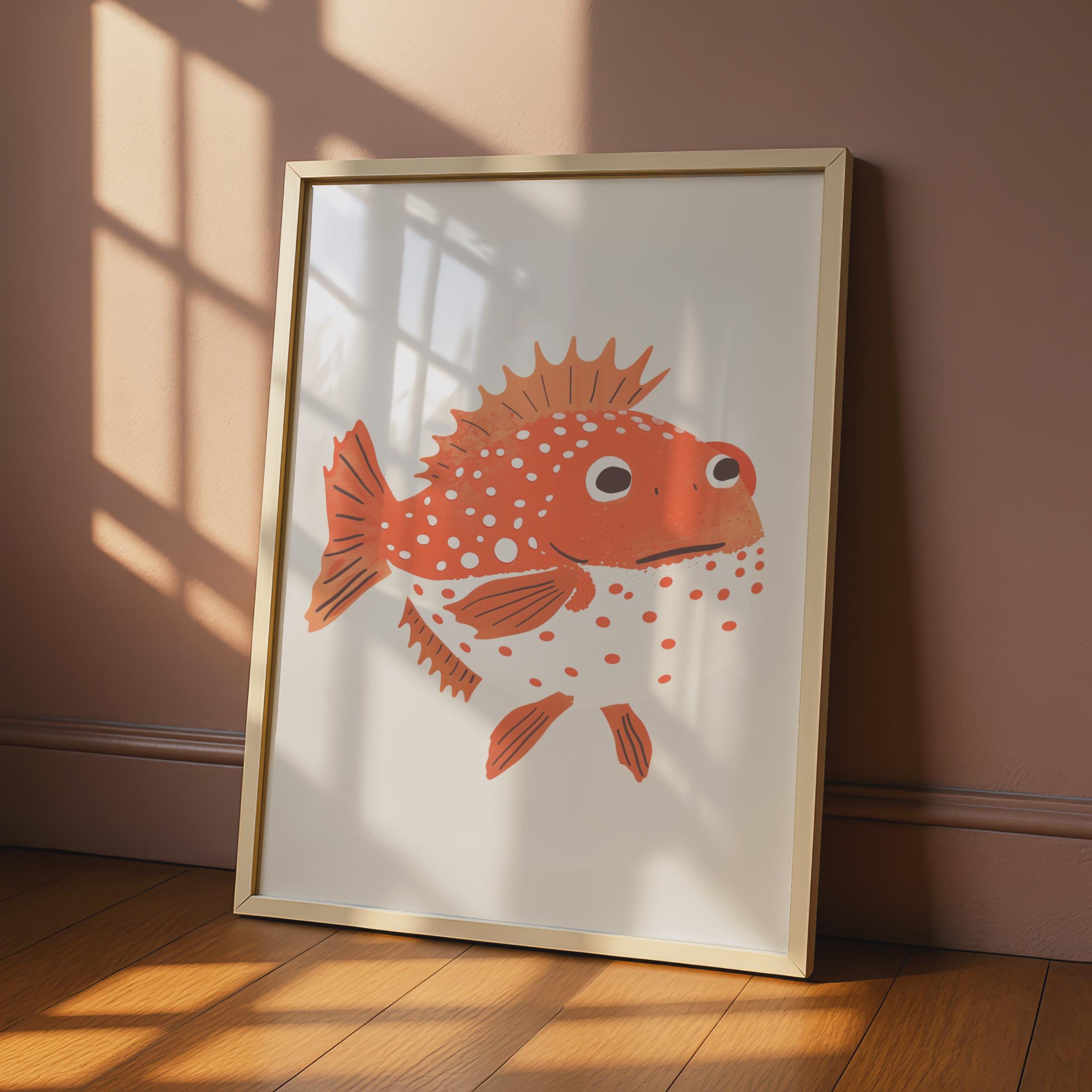 Spiky Orange Fish Print, Quirky Sea Creature Wall Art, Kids Room Decor wall art print