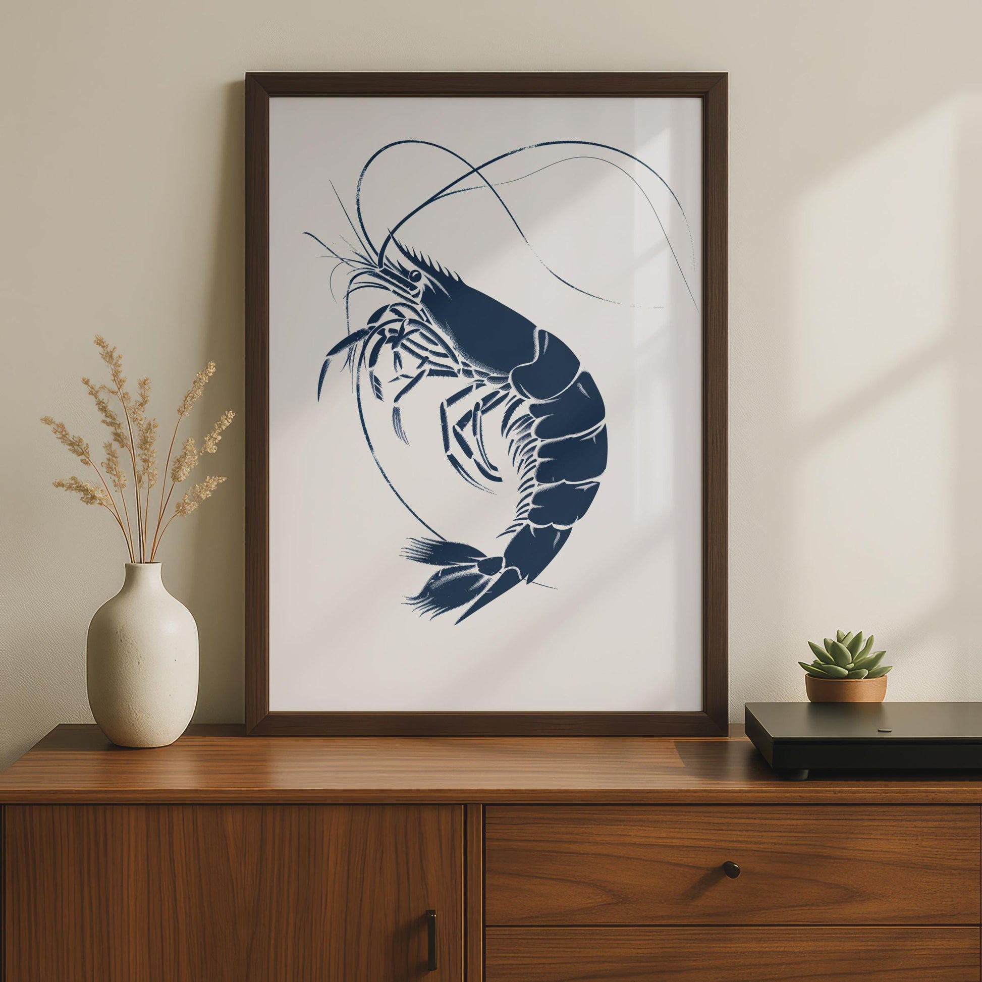 Navy Blue Prawn Art Print, Minimalist Coastal Sea Life Poster wall art print