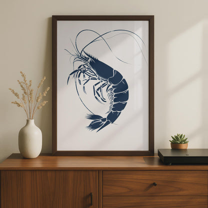 Navy Blue Prawn Art Print, Minimalist Coastal Sea Life Poster wall art print