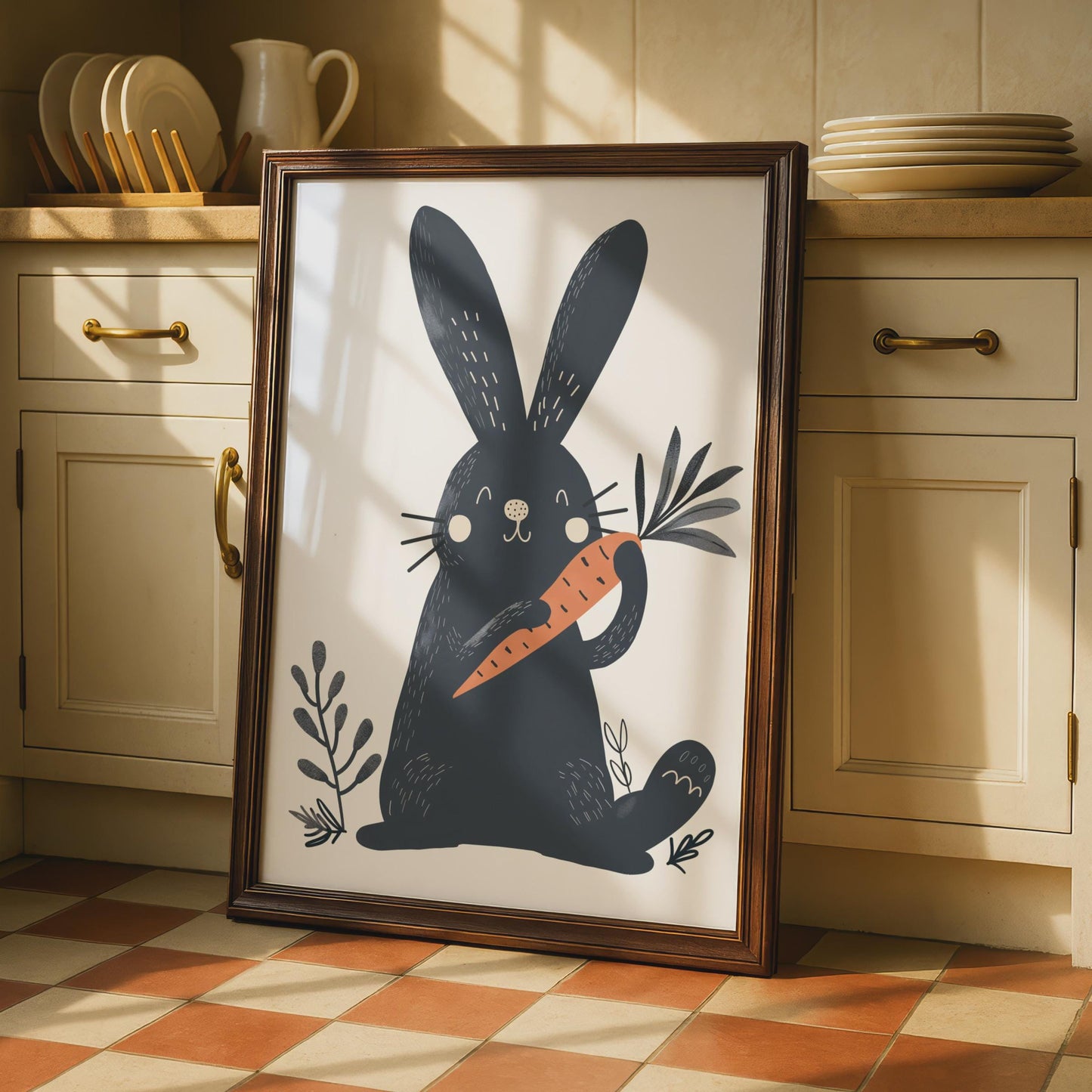 Dark Navy Rabbit Holding Carrot Print, Scandinavian Folk Art Nursery Decor wall art print