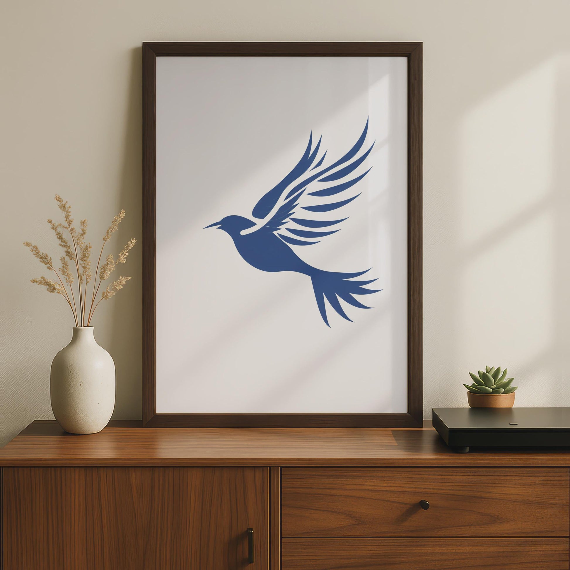 Minimalist Blue Bird in Flight Poster, Graphic Animal Wall Art, Modern Home Decor wall art print