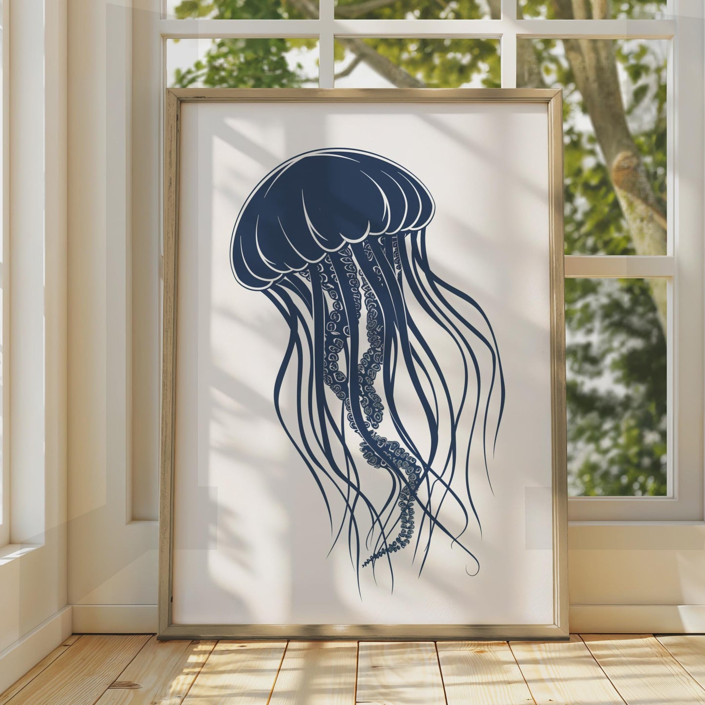 Jellyfish Poster, Navy Blue Ocean Animal Print, Minimalist Sea Wall Art, Coastal Decor wall art print