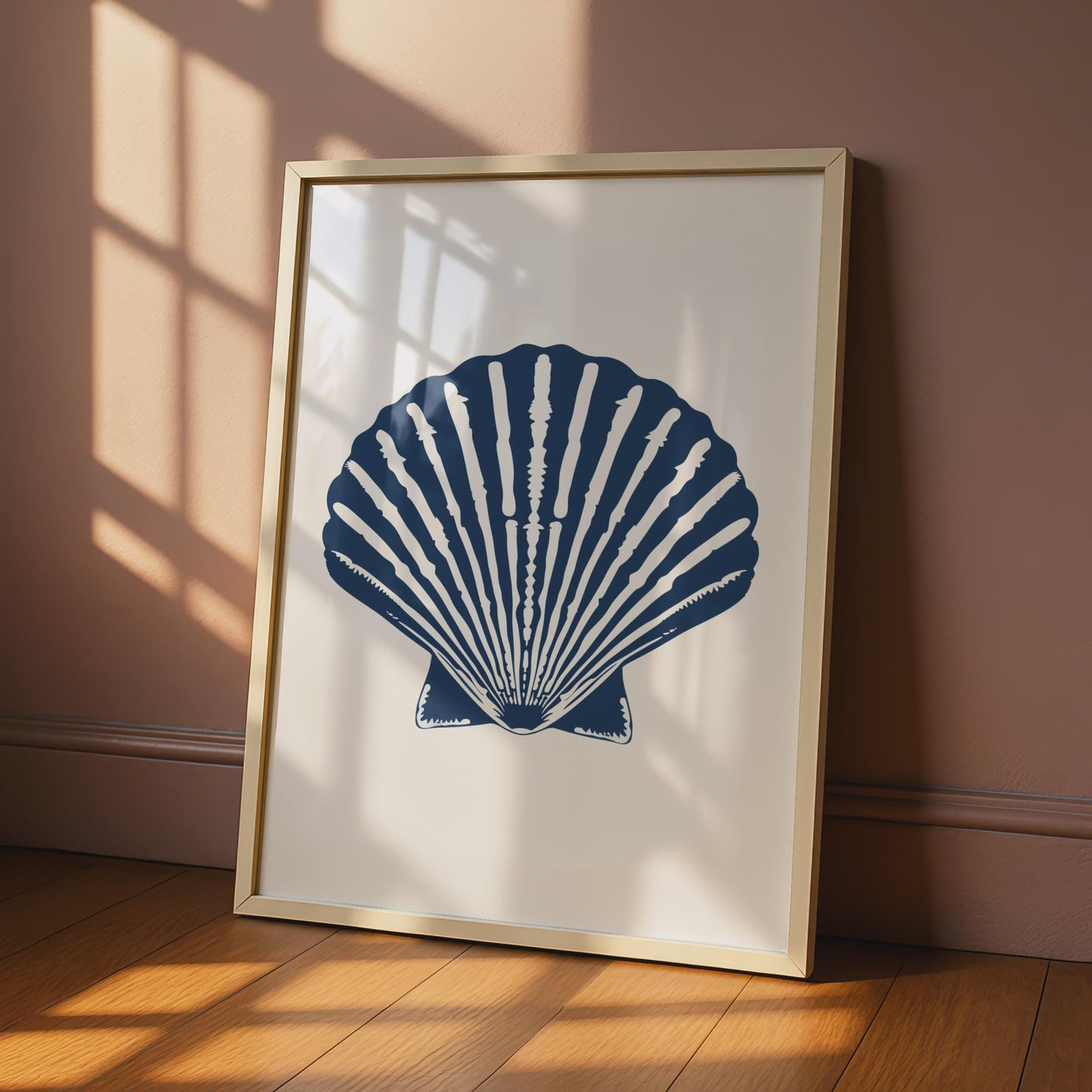 Scallop Shell Poster, Navy Blue Nautical Wall Art, Coastal Animal Print, Beach House Decor wall art print