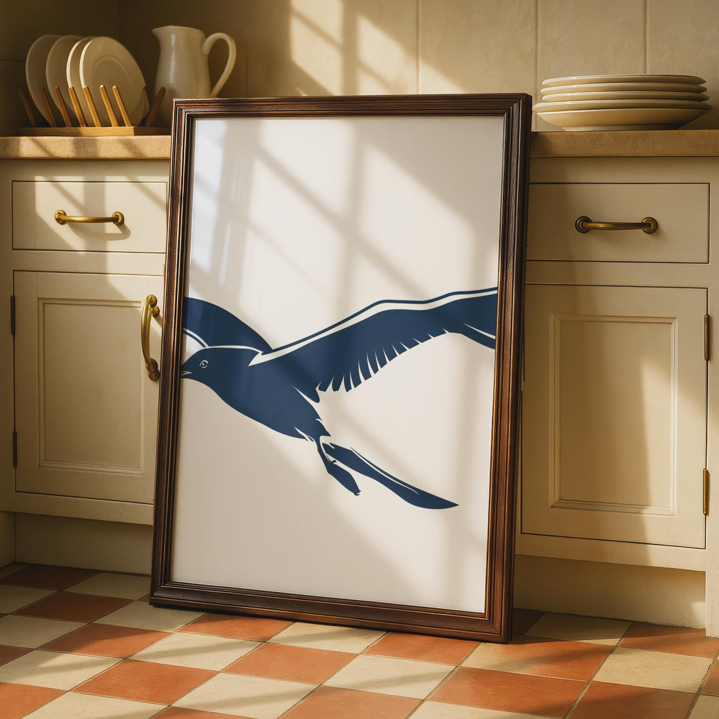 Flying Seagull Poster, Navy Blue Bird Wall Art, Minimalist Coastal Animal Print wall art print