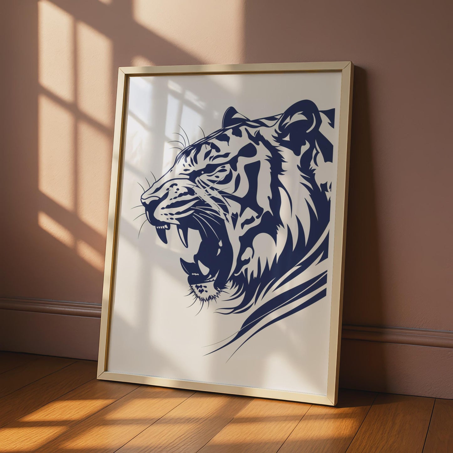 Roaring Tiger Poster, Navy Blue Animal Print, Bold Wildlife Wall Art, Big Cat Decor wall art print