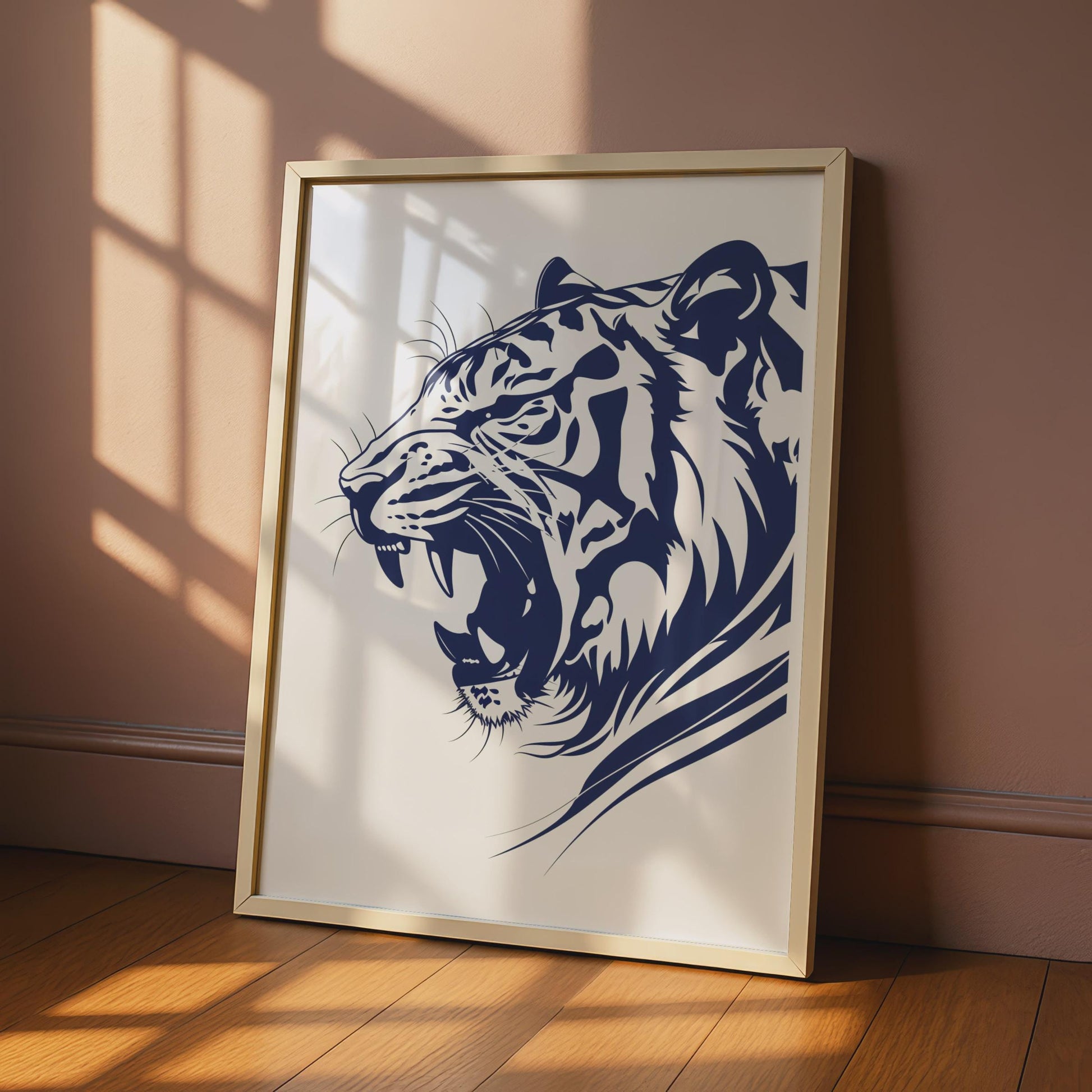 Roaring Tiger Poster, Navy Blue Animal Print, Bold Wildlife Wall Art, Big Cat Decor wall art print