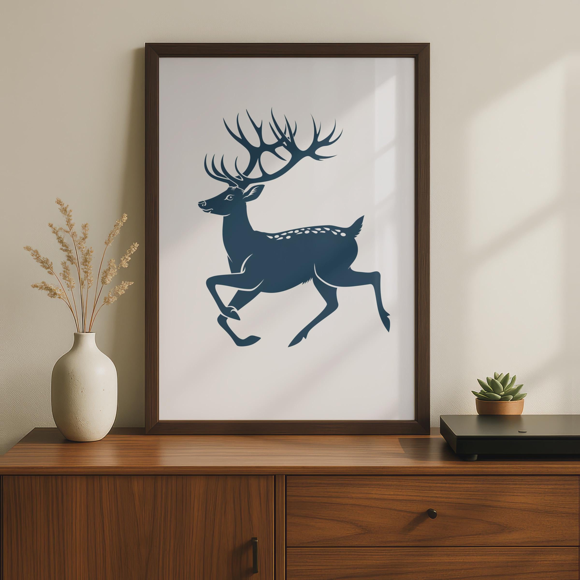Running Stag Poster, Navy Blue Deer Print, Minimalist Animal Wall Art, Antler Decor wall art print