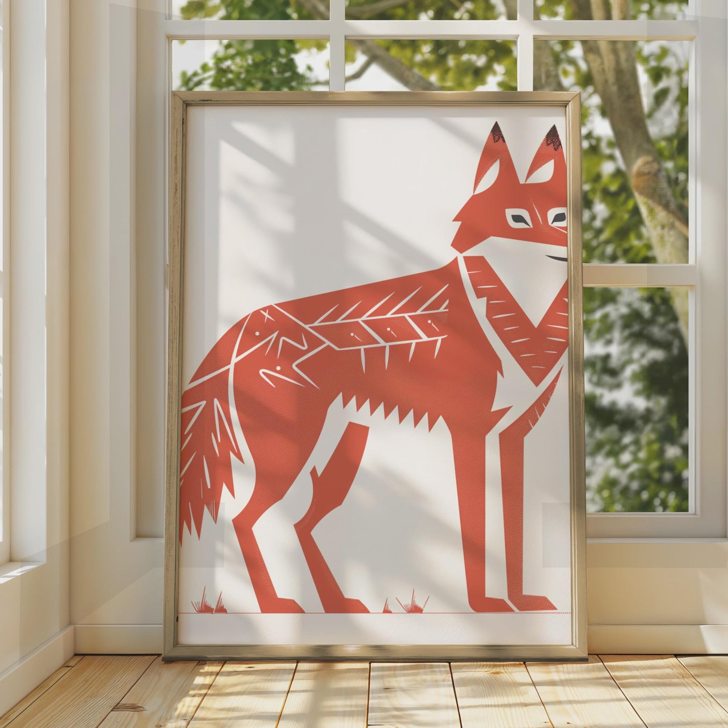 Minimalist Red Fox Art Print, Terracotta Folk Linocut Style Poster wall art print