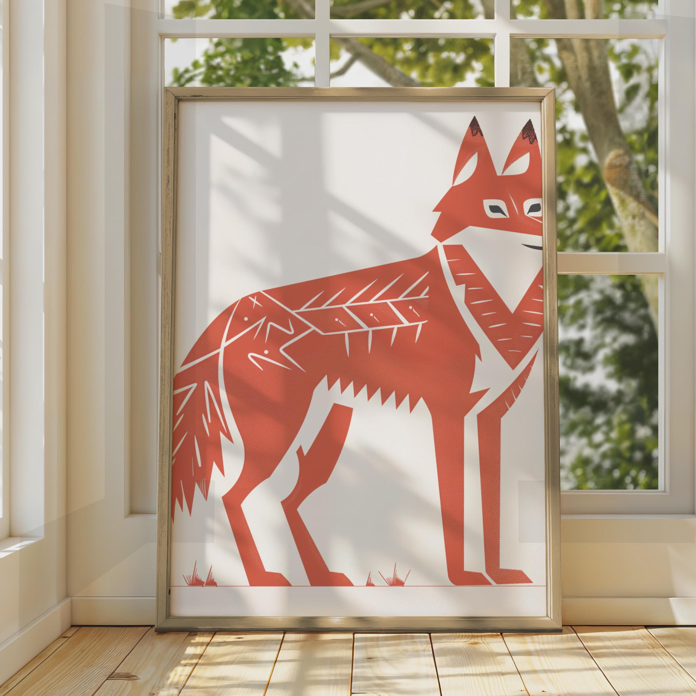Minimalist Red Fox Art Print, Terracotta Folk Linocut Style Poster wall art print