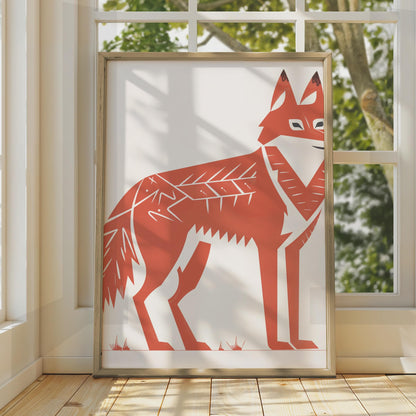 Minimalist Red Fox Art Print, Terracotta Folk Linocut Style Poster wall art print