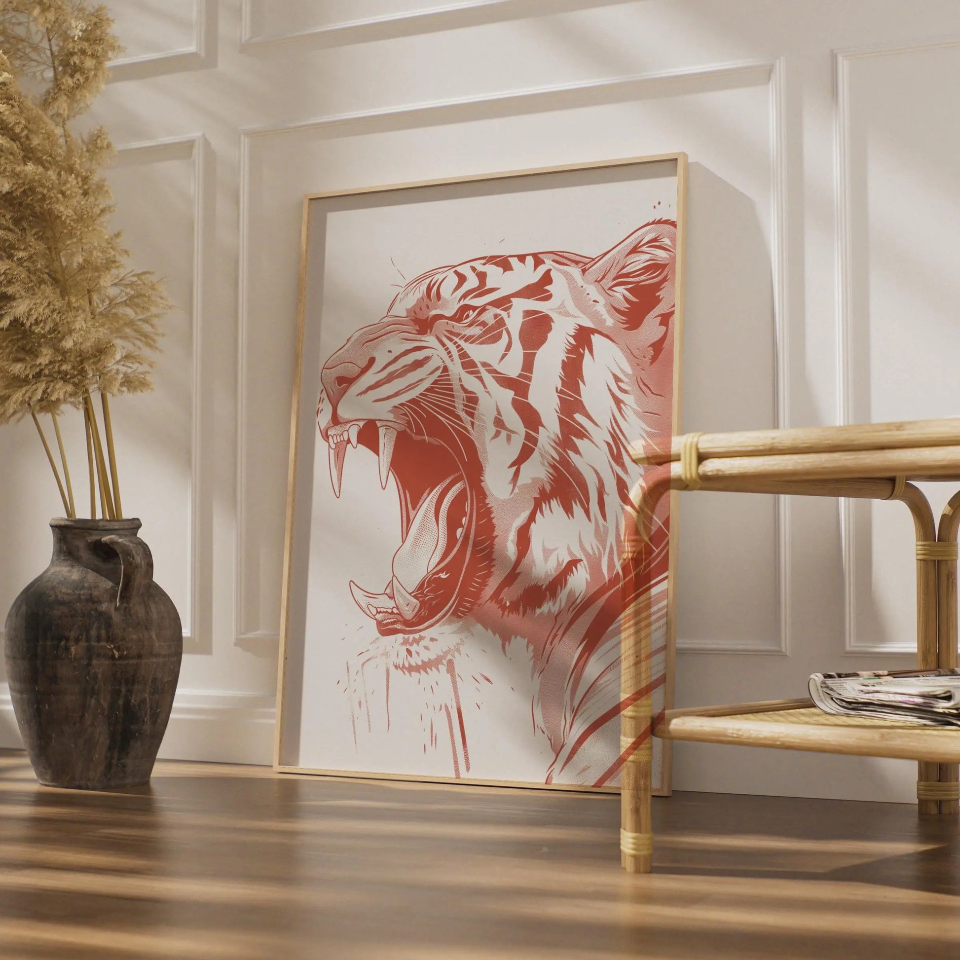 Roaring Tiger Poster, Red Animal Print, Bold Wildlife Wall Art, Modern Big Cat Decor wall art print