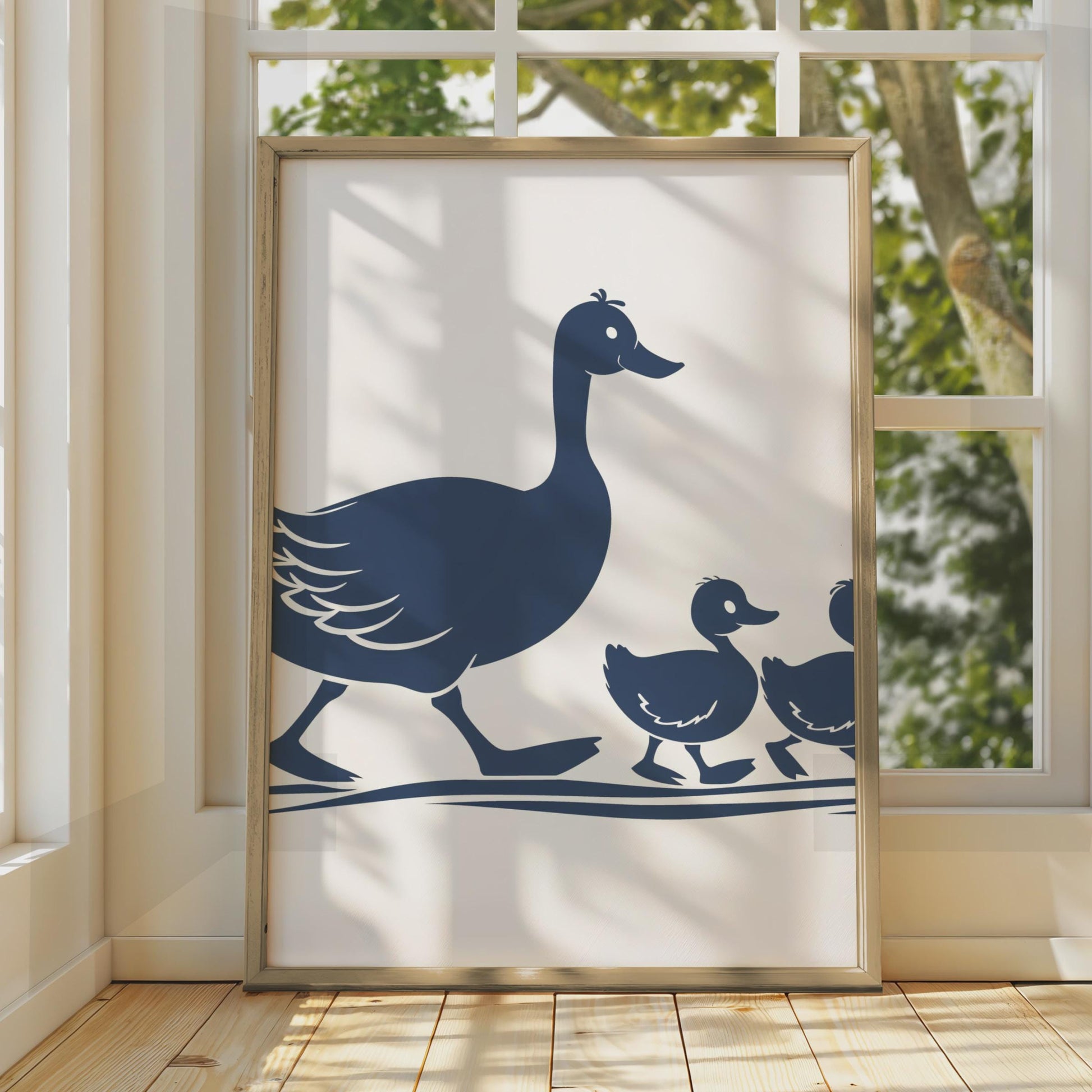 Duck Family Poster, Mother Duck Ducklings Wall Art, Navy Silhouette Animal Print wall art print