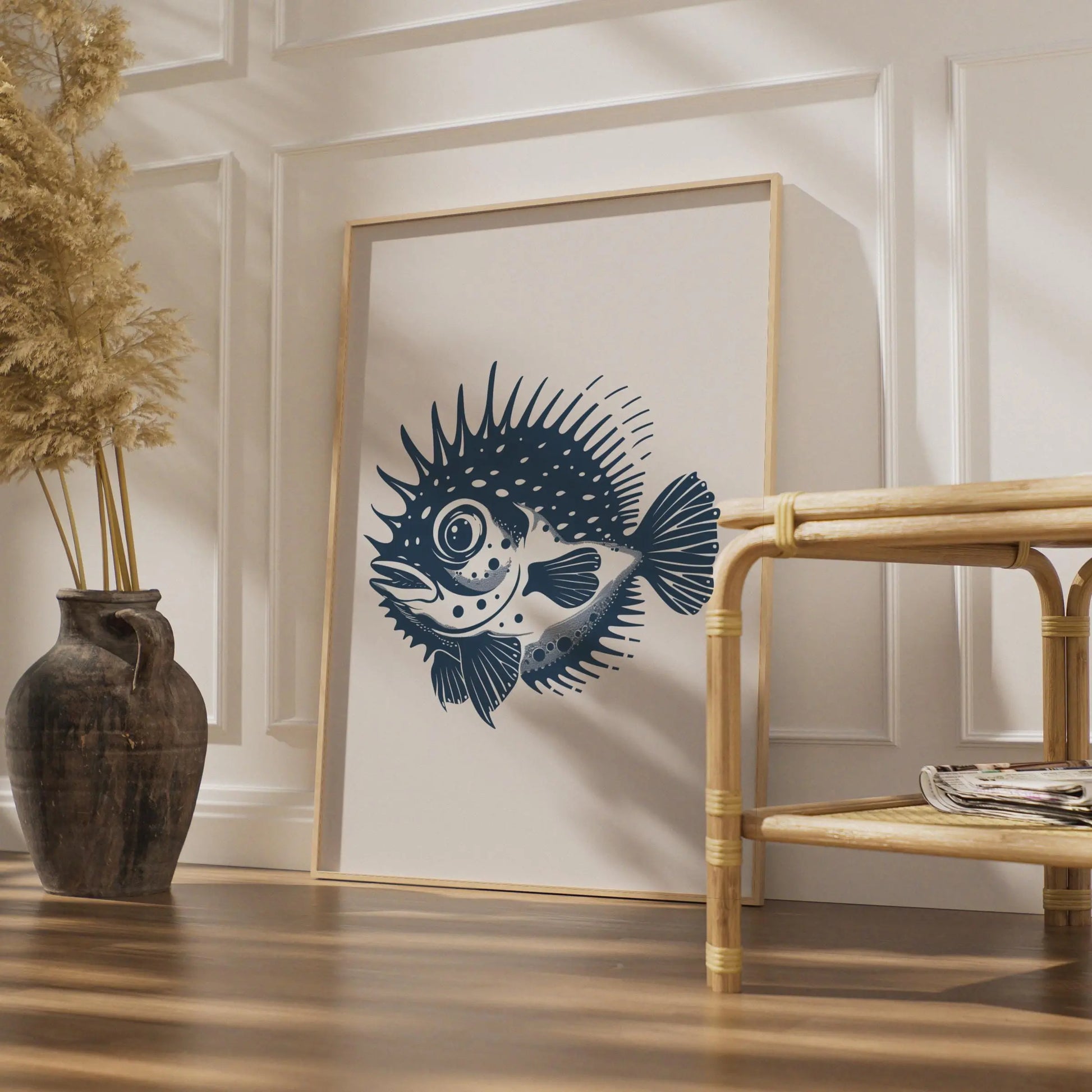Puffer Fish Poster, Navy Blue Ocean Animal Print, Minimalist Sea Life Wall Art wall art print