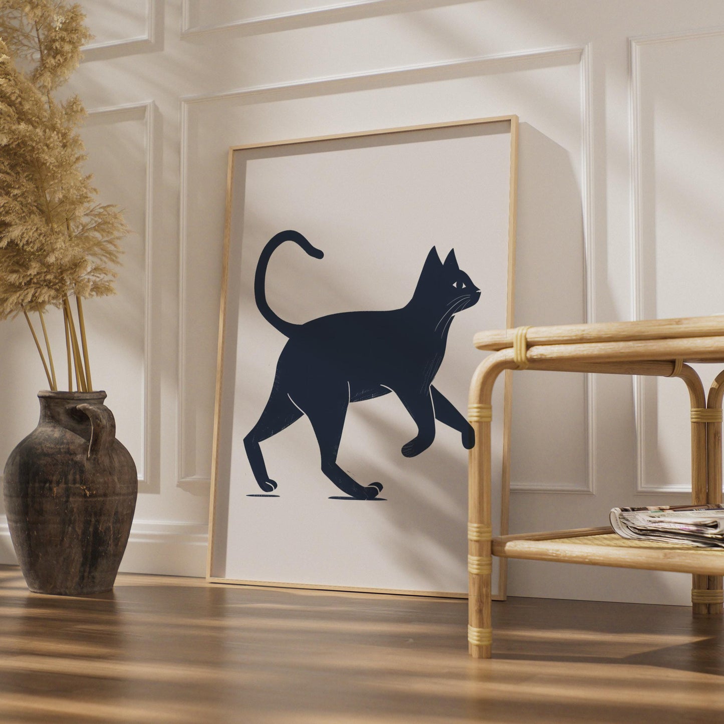 Minimalist Black Cat Print, Navy Blue Walking Animal Art, Linocut Style Poster wall art print