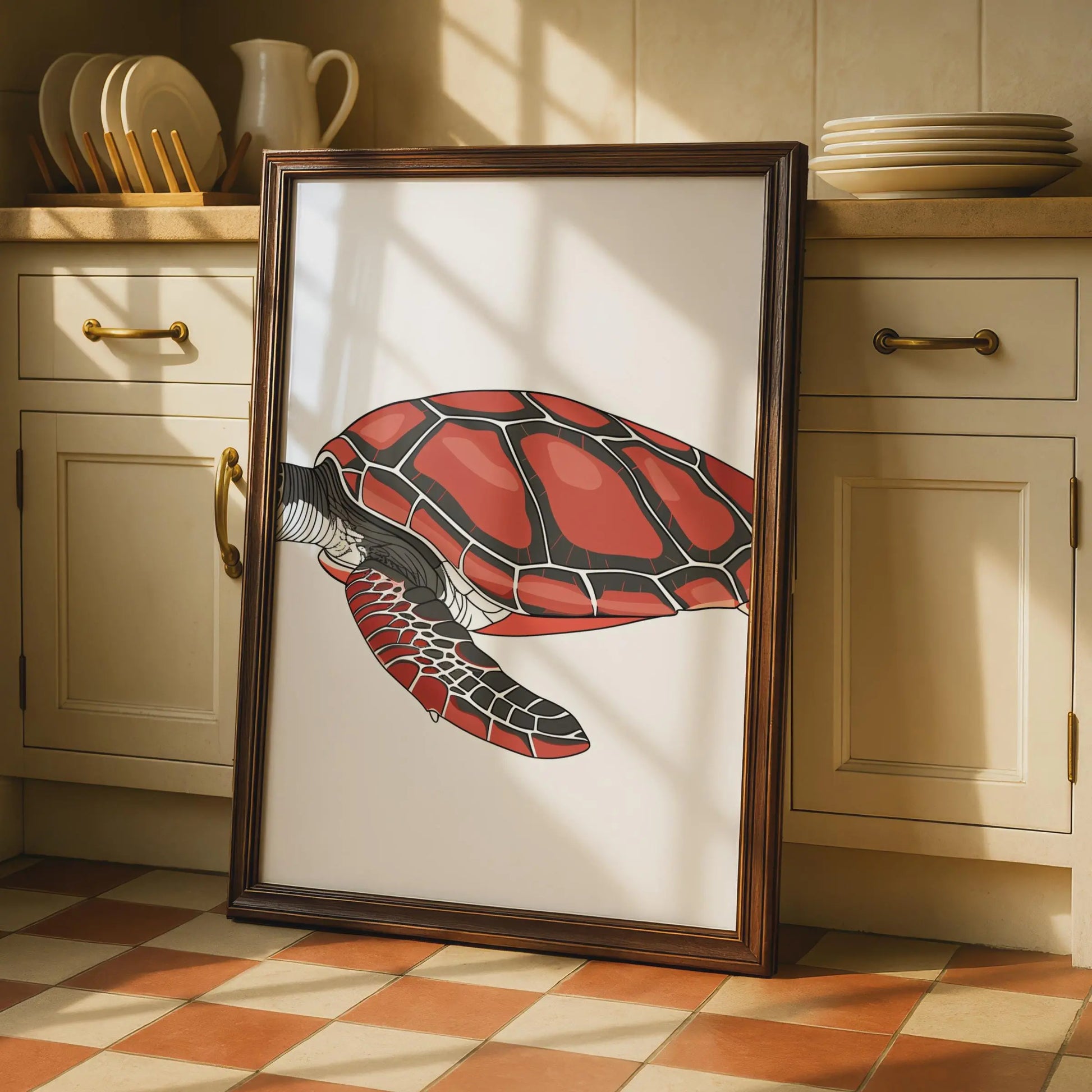 Sea Turtle Poster, Red Ocean Animal Print, Nautical Wall Art, Marine Wildlife Decor wall art print