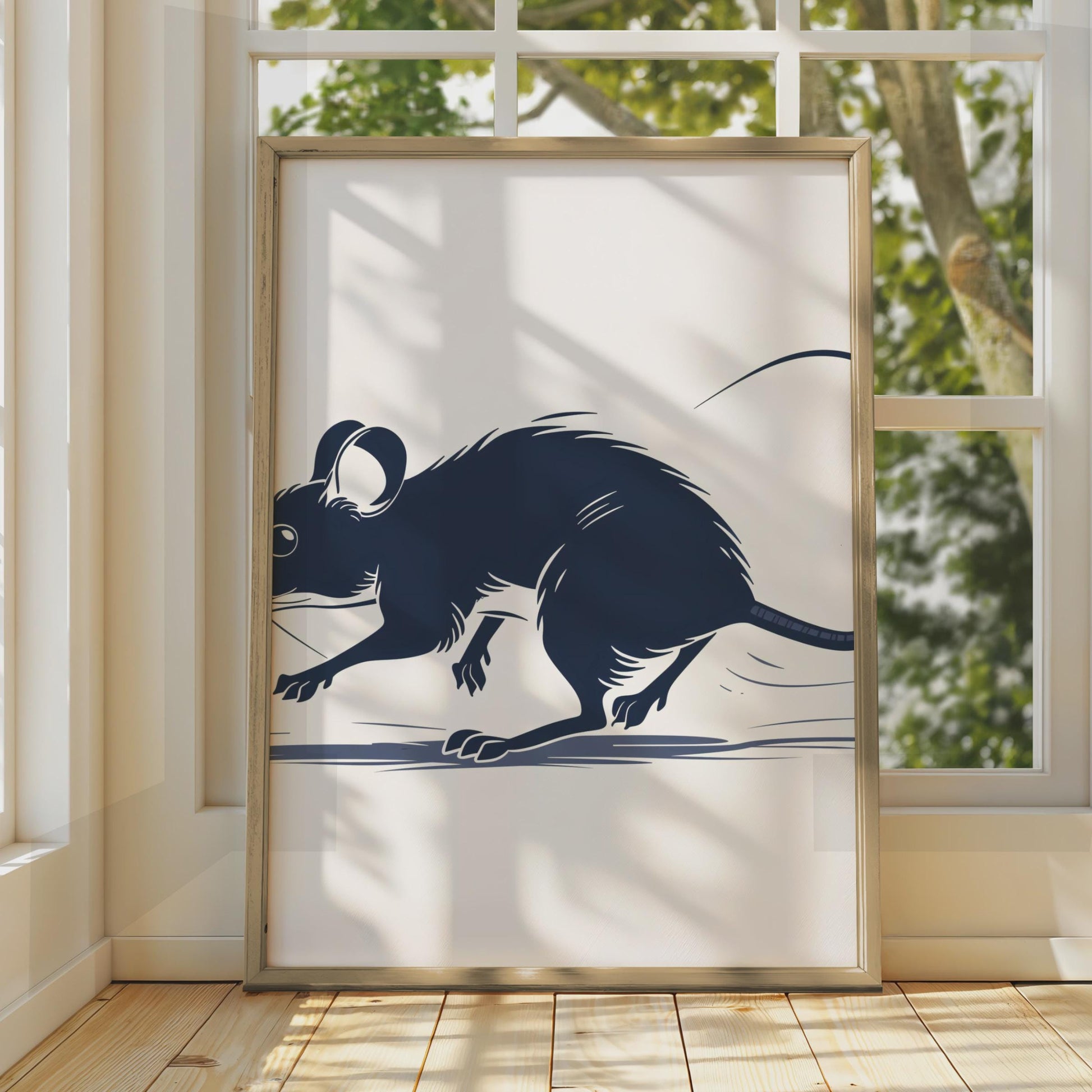 Navy Blue Rat Illustration Print, Minimalist Rodent Wall Art, Dark Ink Style Decor wall art print