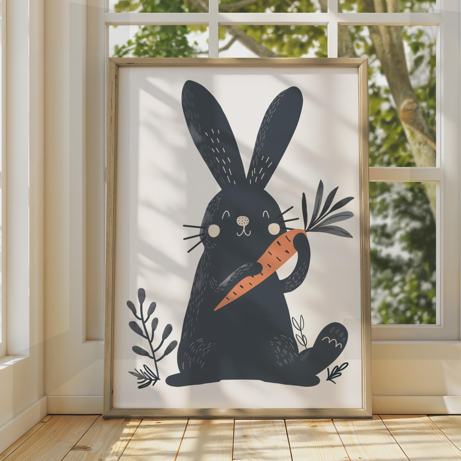 Dark Navy Rabbit Holding Carrot Print, Scandinavian Folk Art Nursery Decor wall art print