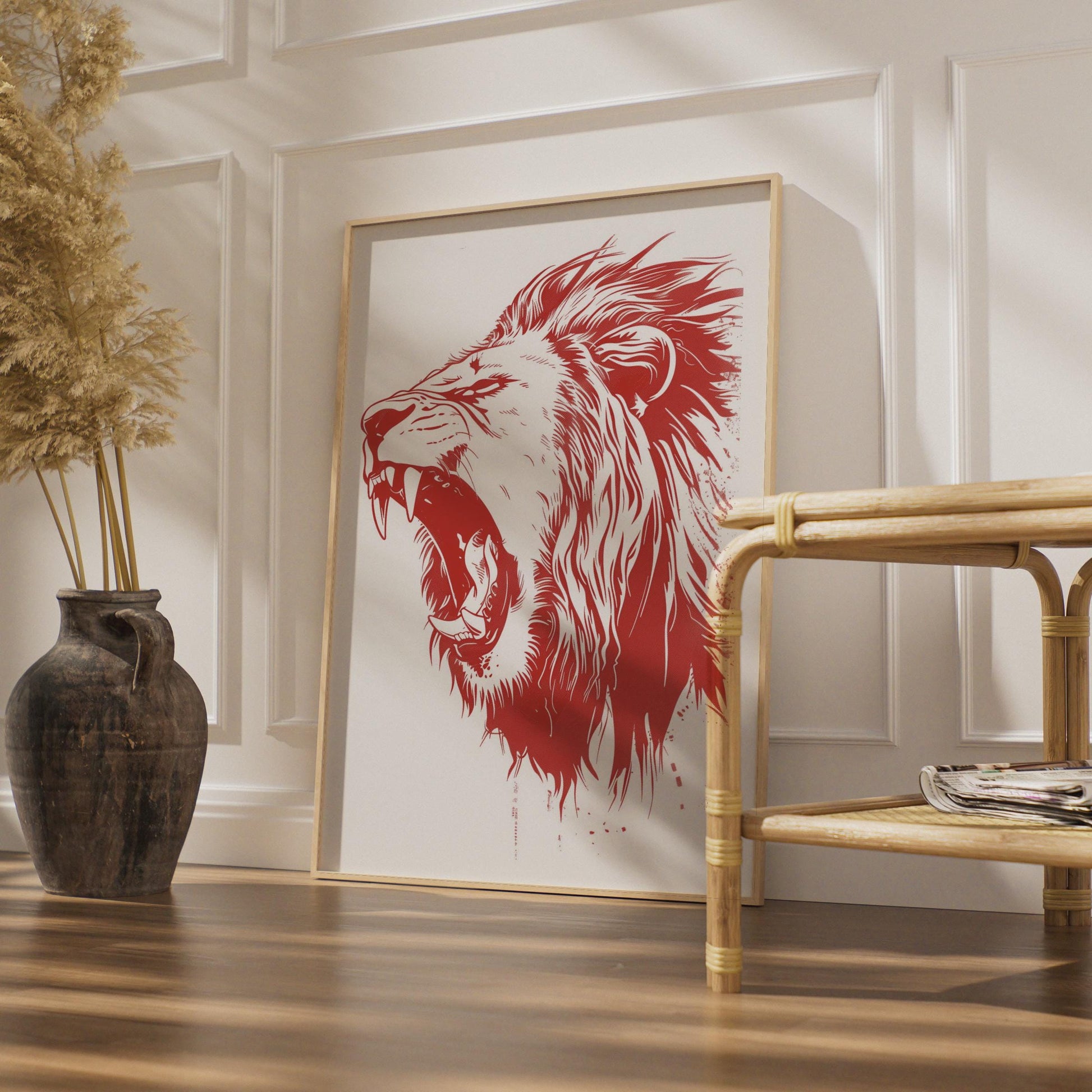 Roaring Lion Poster, Red Animal Print, Bold Lion Wall Art, Wildlife Illustration Decor wall art print