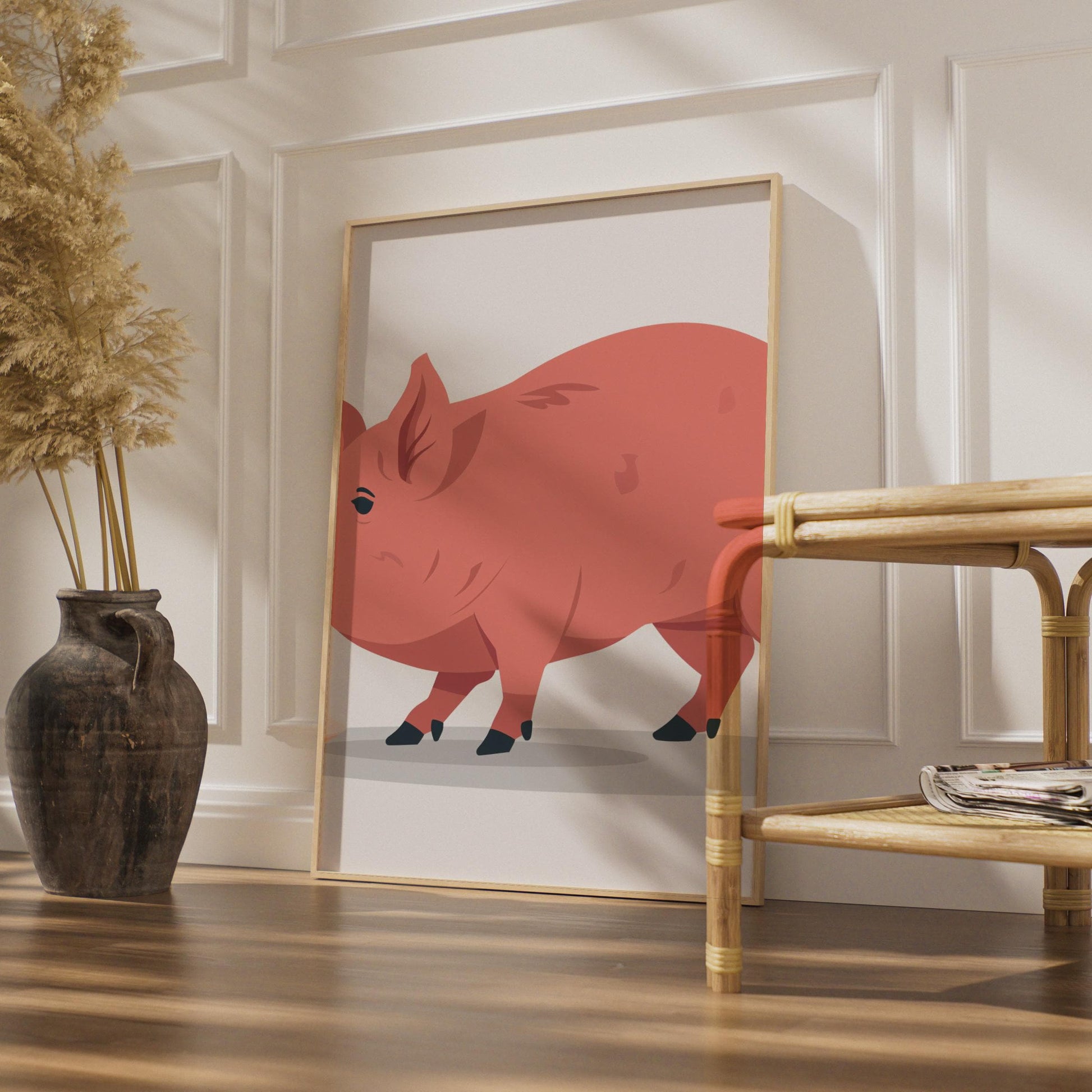 Pink Pig Vector Art Print, Farm Animal Nursery Decor wall art print