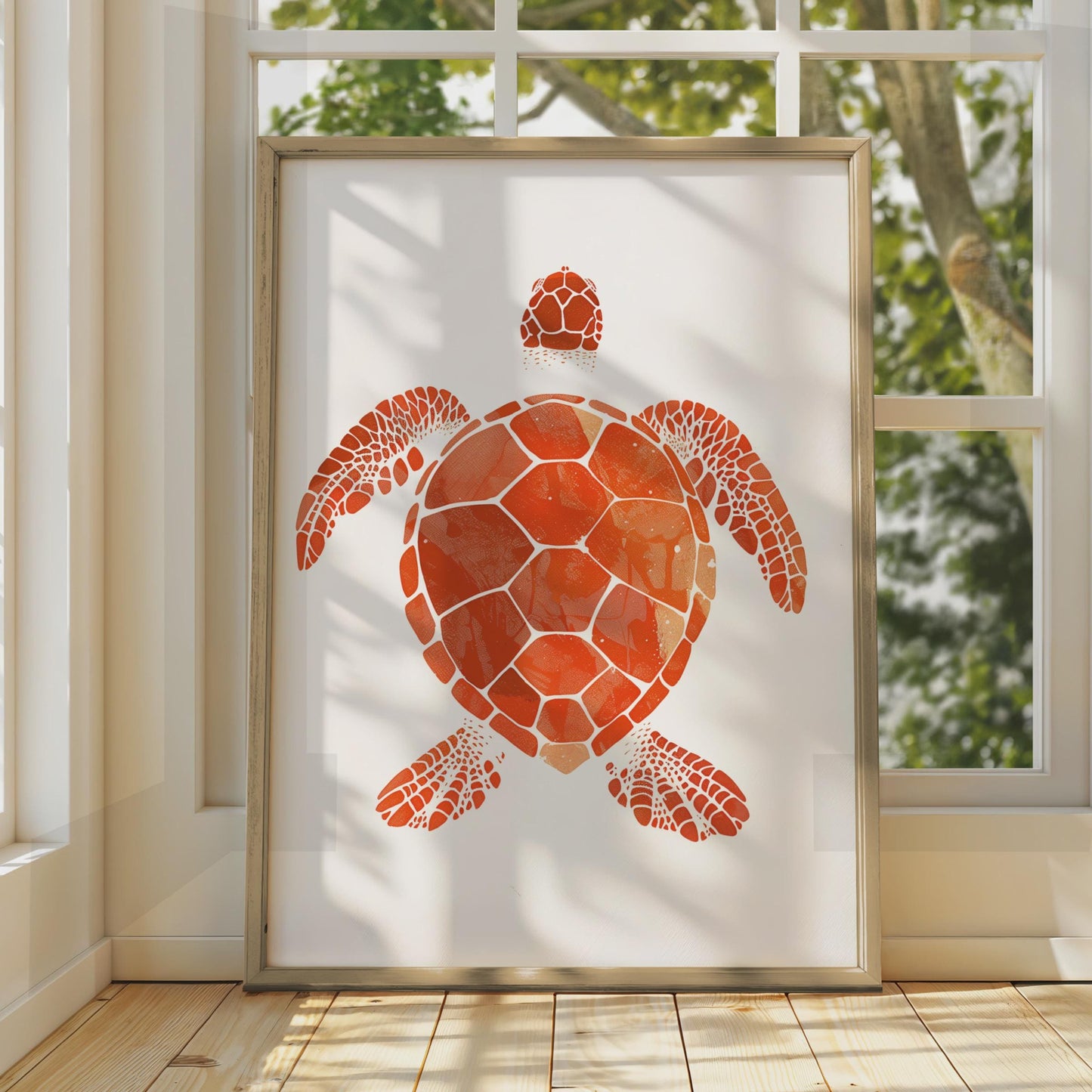 Sea Turtle Poster, Red Orange Animal Print, Minimalist Ocean Wall Art, Coastal Decor wall art print
