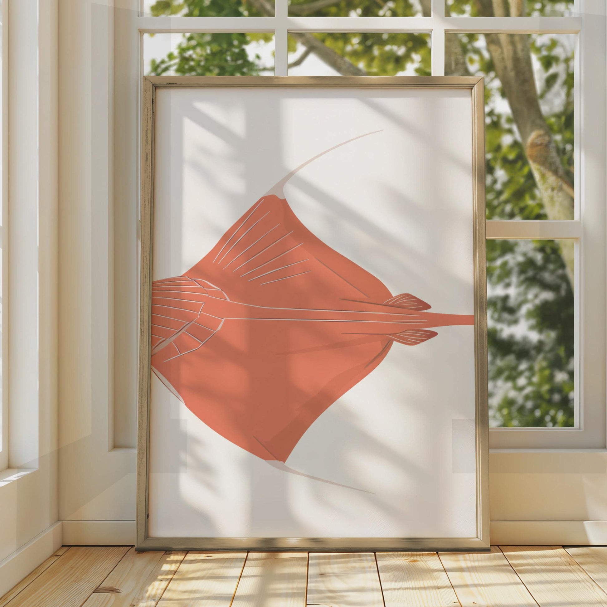 Stingray Poster, Coral Red Ray Fish Print, Ocean Animal Wall Art, Minimalist Sea Life wall art print