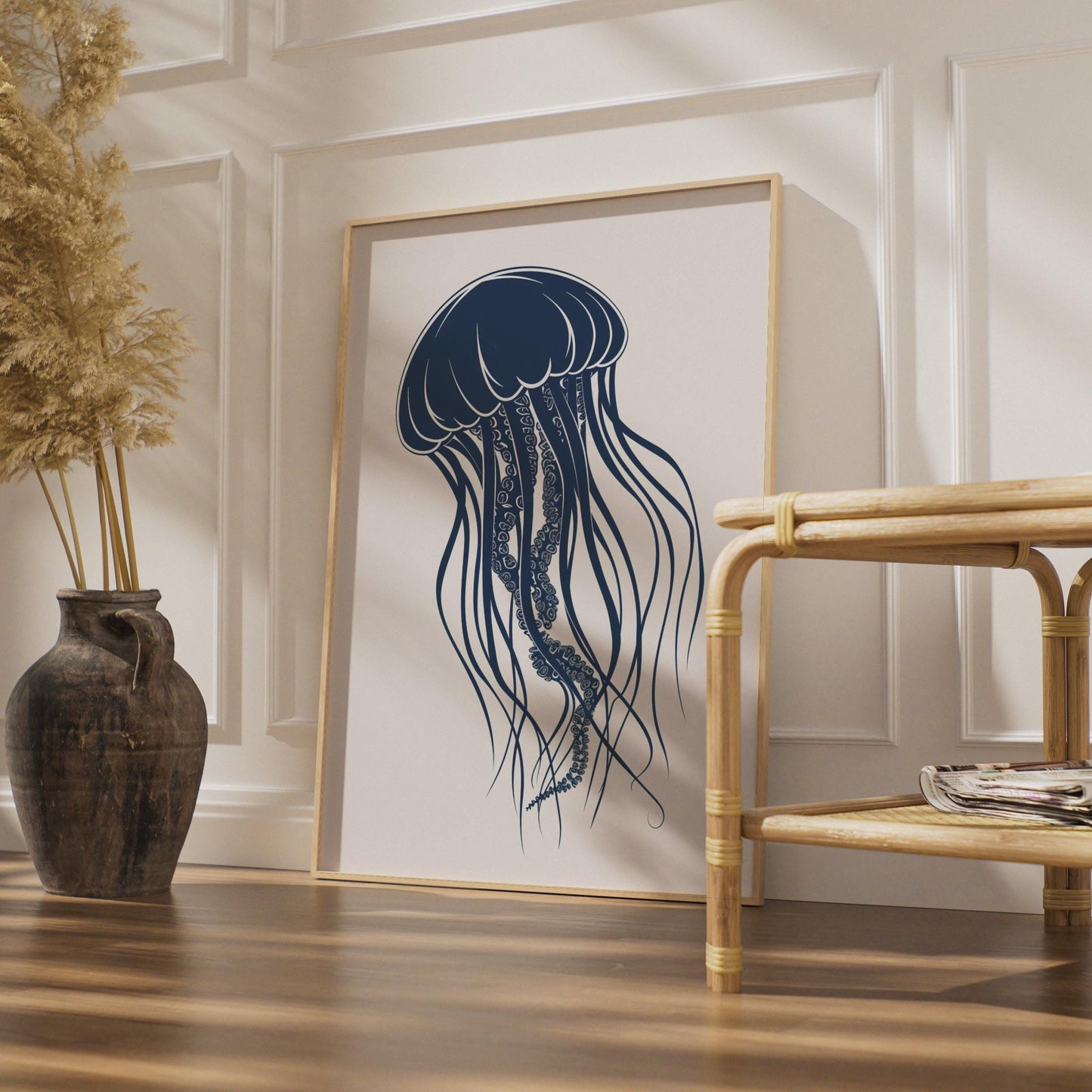 Jellyfish Poster, Navy Blue Ocean Animal Print, Minimalist Sea Wall Art, Coastal Decor wall art print