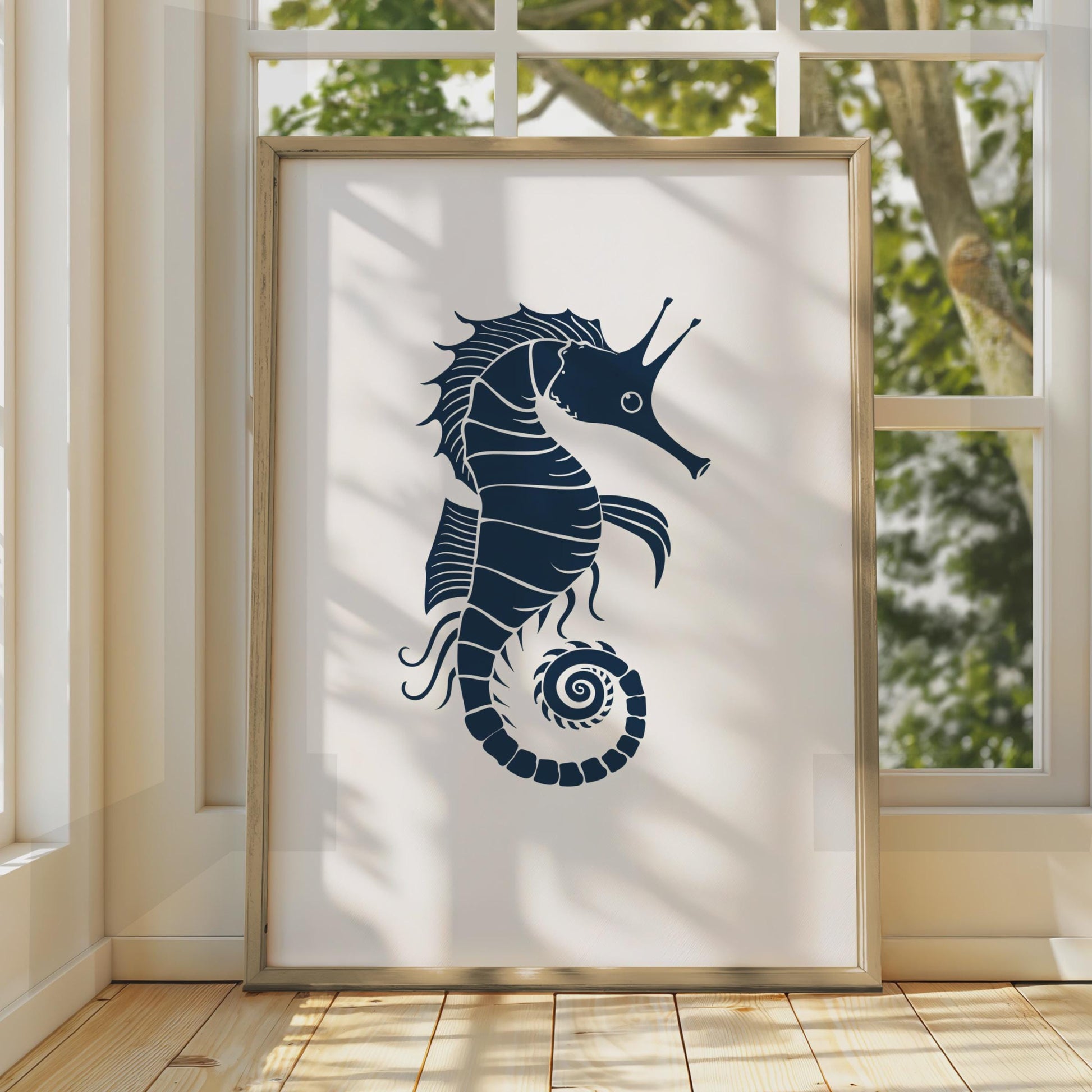 Seahorse Poster, Navy Blue Animal Print, Minimalist Ocean Wall Art, Coastal Decor Gift wall art print