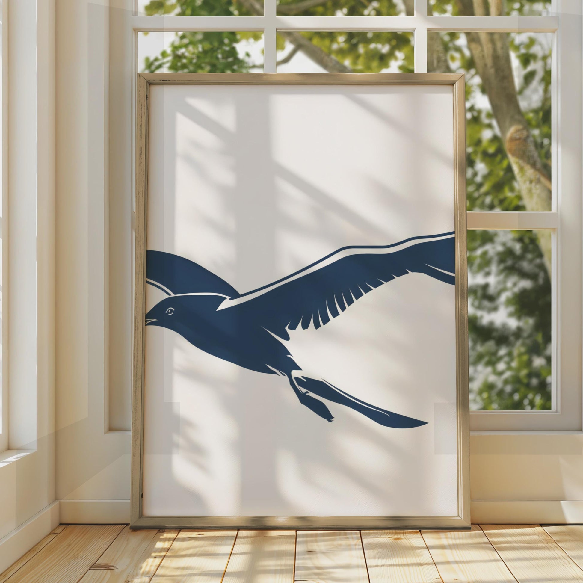 Flying Seagull Poster, Navy Blue Bird Wall Art, Minimalist Coastal Animal Print wall art print