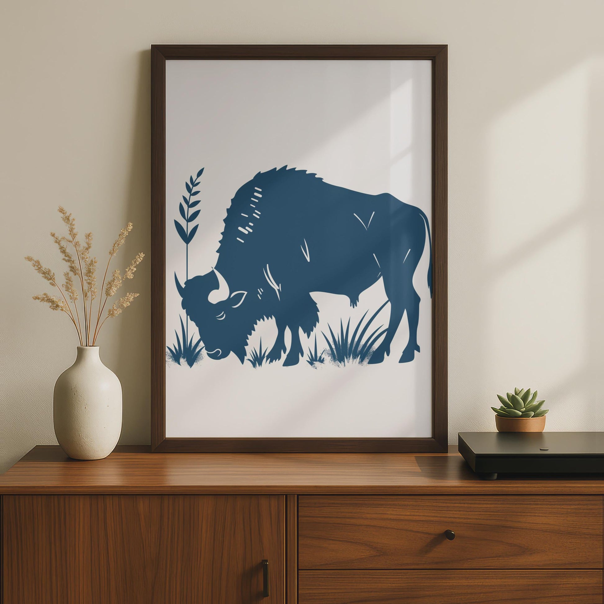 Bison Animal Poster, Navy Blue Buffalo Print, Minimalist Wildlife Wall Art, Nature Decor wall art print