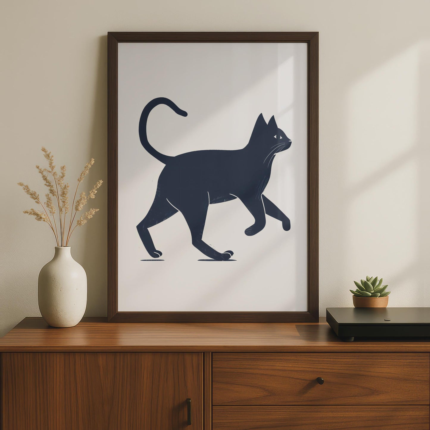 Minimalist Black Cat Print, Navy Blue Walking Animal Art, Linocut Style Poster wall art print