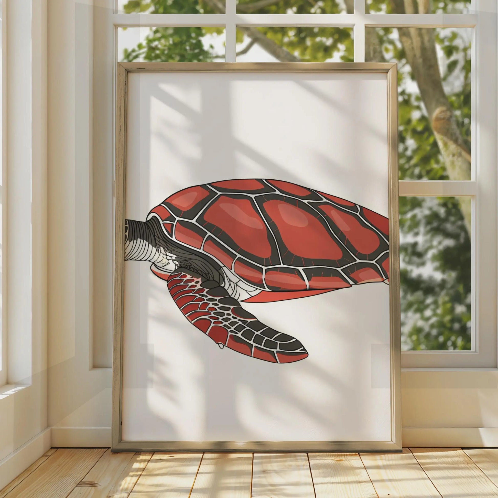 Sea Turtle Poster, Red Ocean Animal Print, Nautical Wall Art, Marine Wildlife Decor wall art print