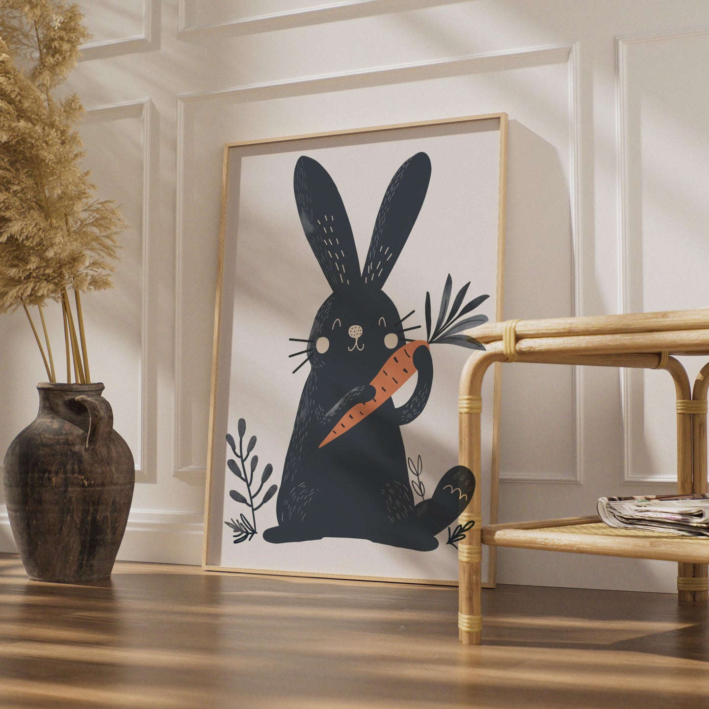 Dark Navy Rabbit Holding Carrot Print, Scandinavian Folk Art Nursery Decor wall art print