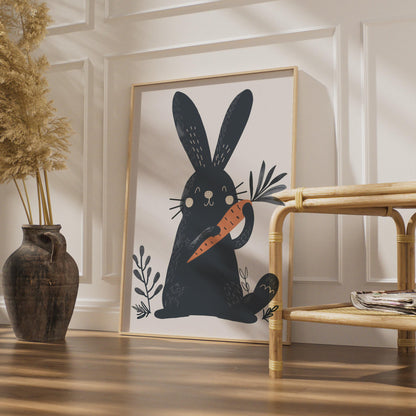 Dark Navy Rabbit Holding Carrot Print, Scandinavian Folk Art Nursery Decor wall art print