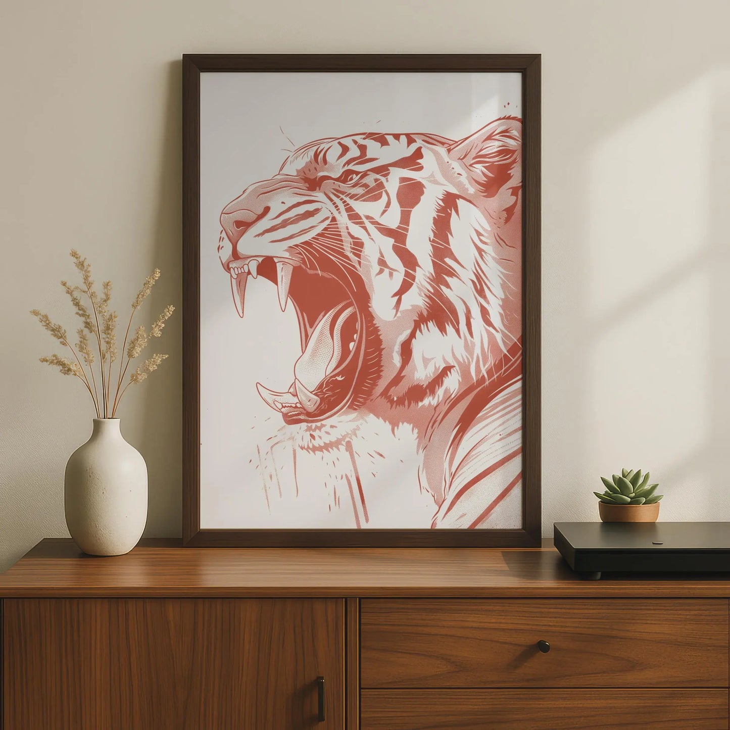 Roaring Tiger Poster, Red Animal Print, Bold Wildlife Wall Art, Modern Big Cat Decor wall art print