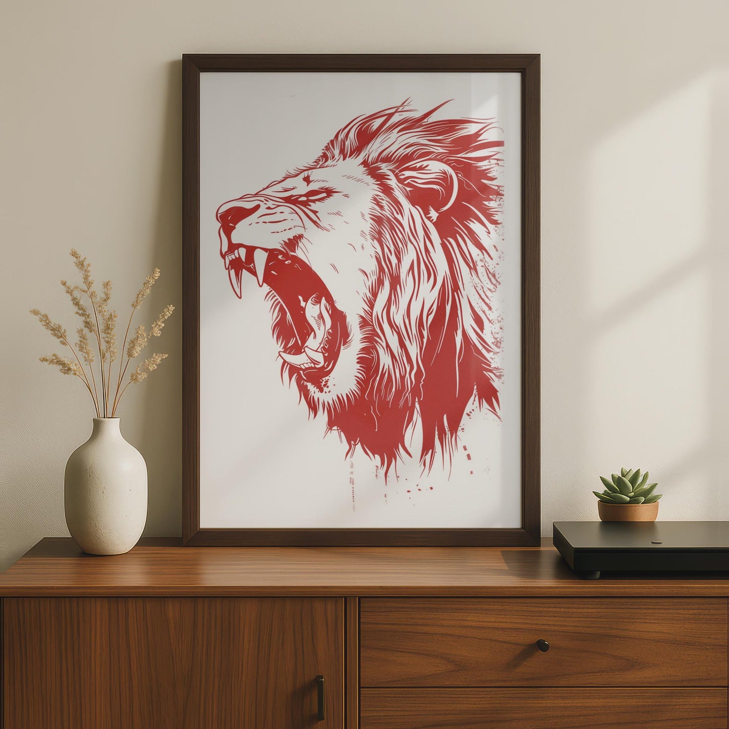 Roaring Lion Poster, Red Animal Print, Bold Lion Wall Art, Wildlife Illustration Decor wall art print
