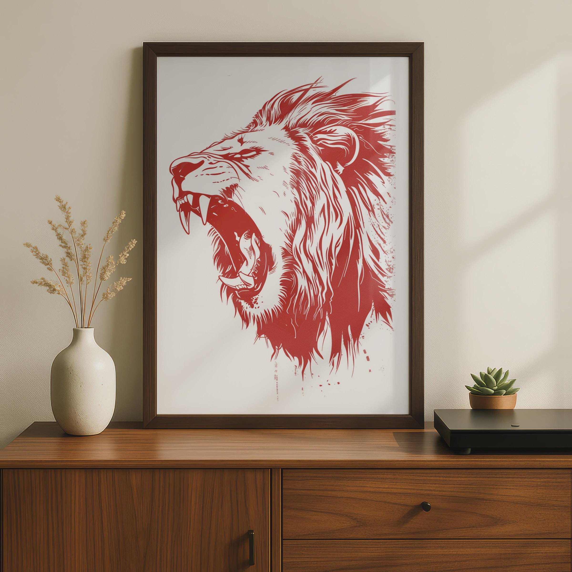 Roaring Lion Poster, Red Animal Print, Bold Lion Wall Art, Wildlife Illustration Decor wall art print