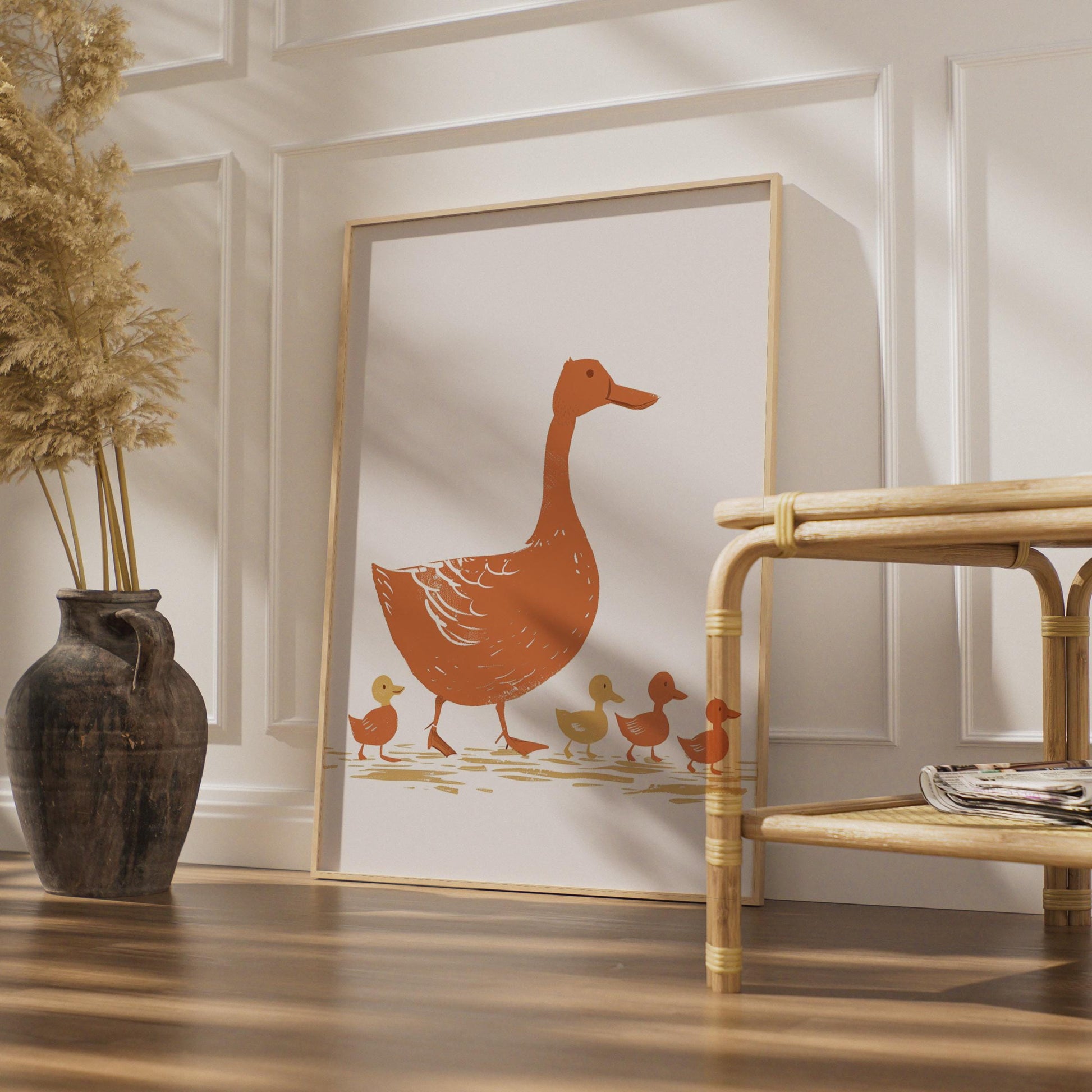 Duck Family Print, Folk Art Nursery Wall Art, Terracotta Ducklings Poster wall art print