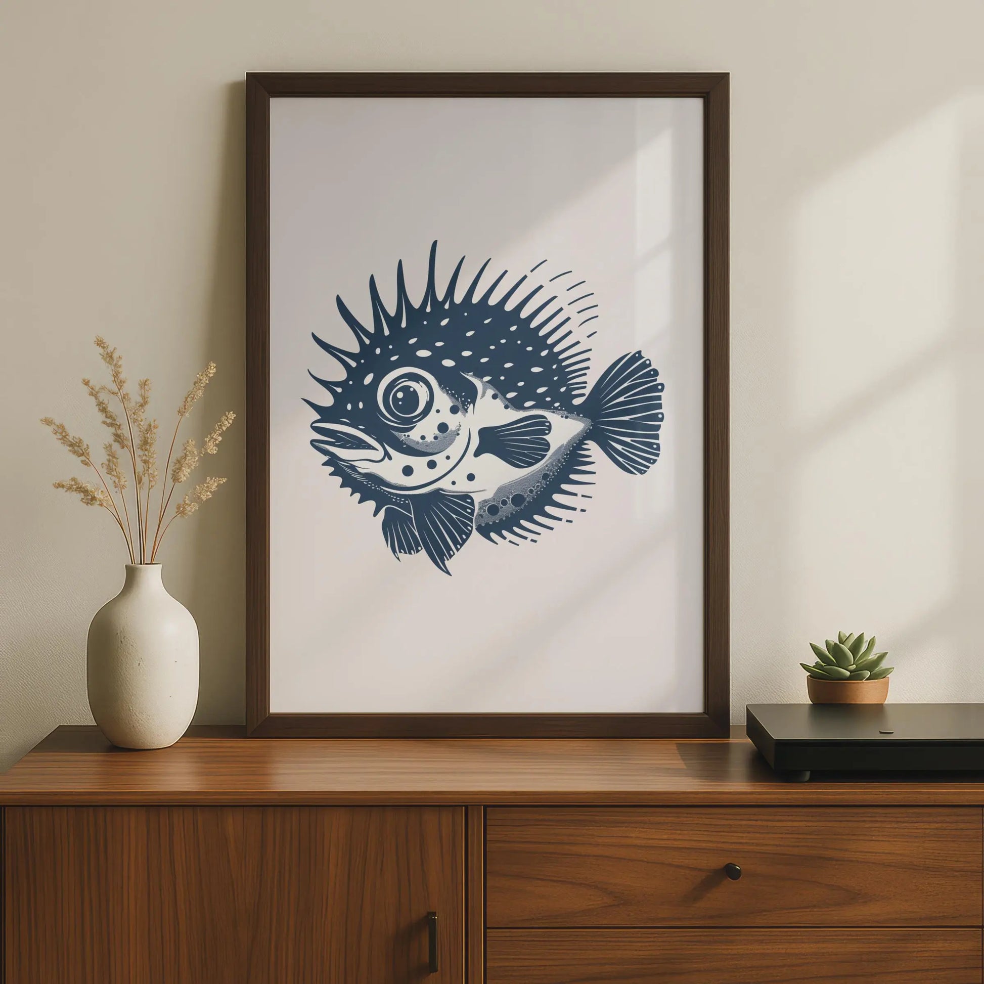 Puffer Fish Poster, Navy Blue Ocean Animal Print, Minimalist Sea Life Wall Art wall art print