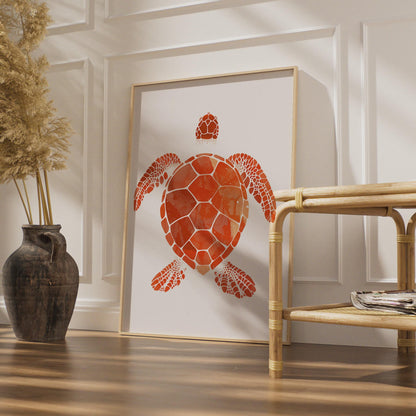Sea Turtle Poster, Red Orange Animal Print, Minimalist Ocean Wall Art, Coastal Decor wall art print