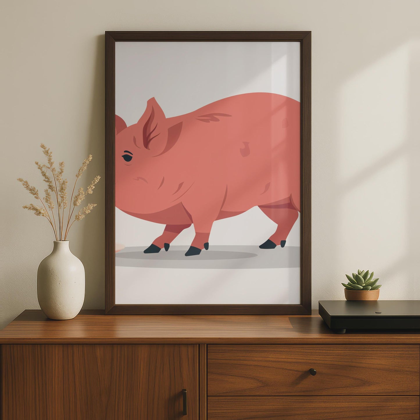 Pink Pig Vector Art Print, Farm Animal Nursery Decor wall art print