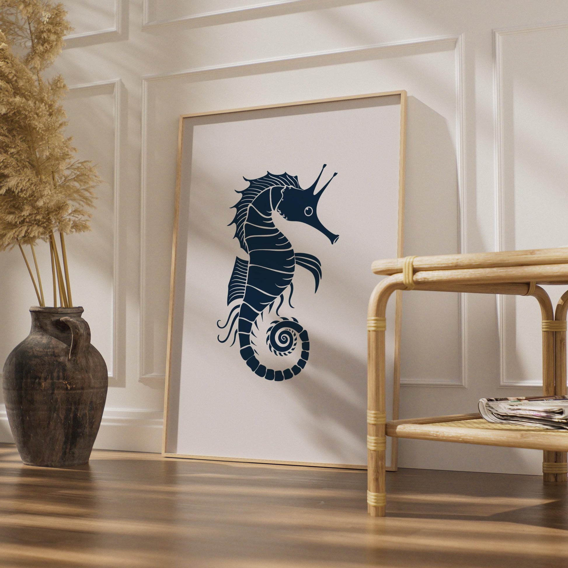 Seahorse Poster, Navy Blue Animal Print, Minimalist Ocean Wall Art, Coastal Decor Gift wall art print