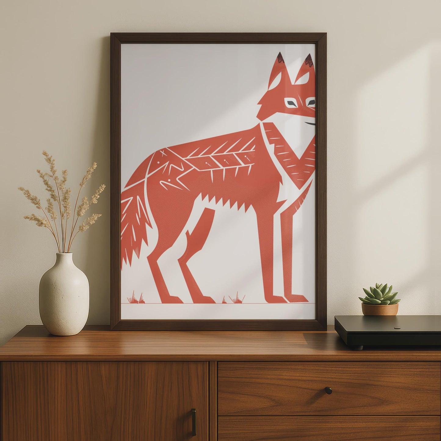 Minimalist Red Fox Art Print, Terracotta Folk Linocut Style Poster wall art print